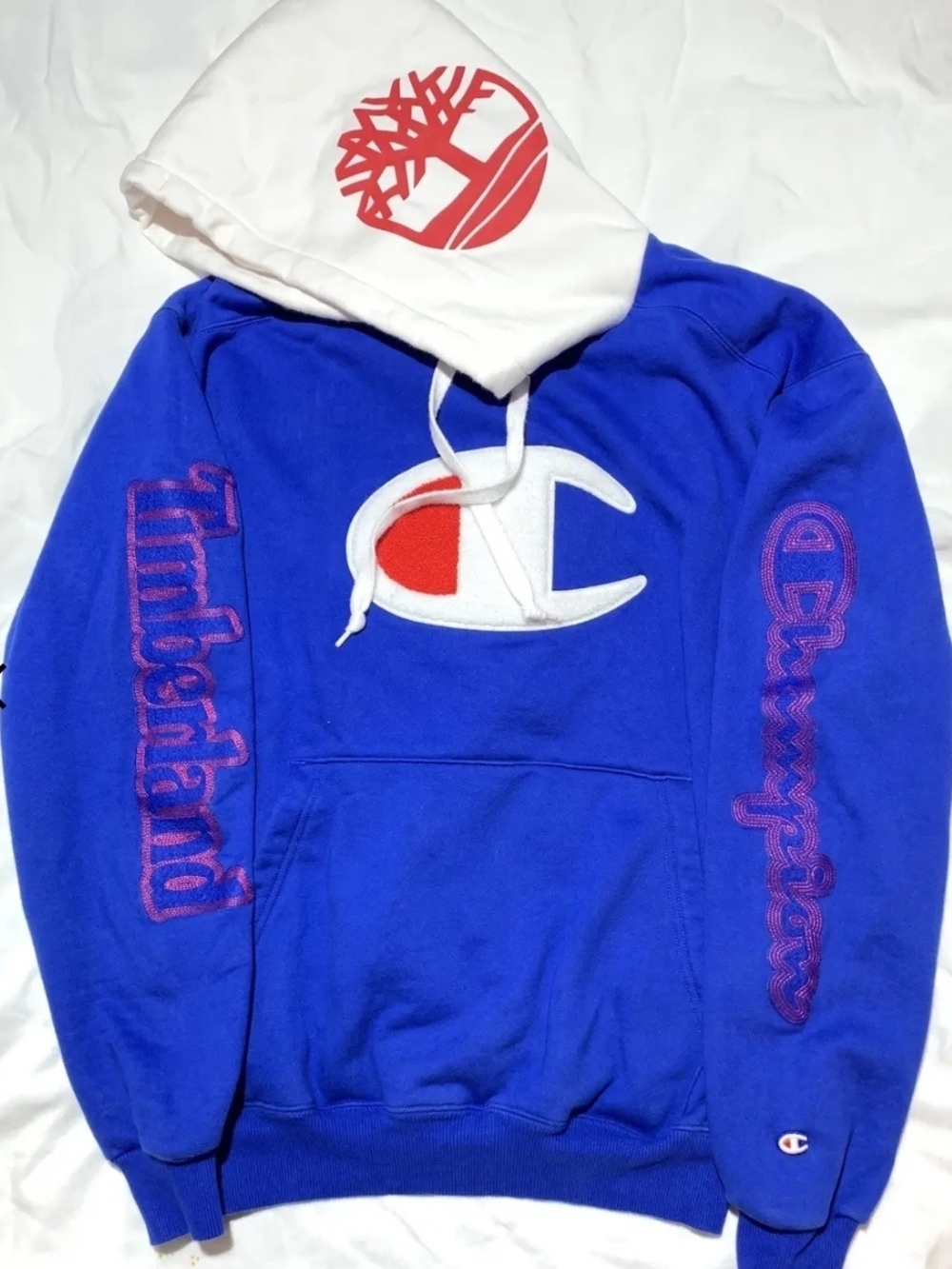 Champion x Timberland Blue Hoodie Special Edition Puff Logo And Sleeve Logo, Med